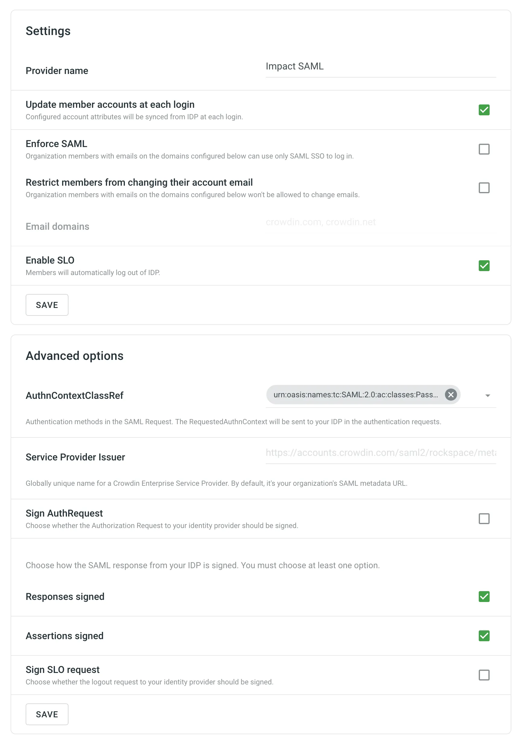 SAML Advanced Options